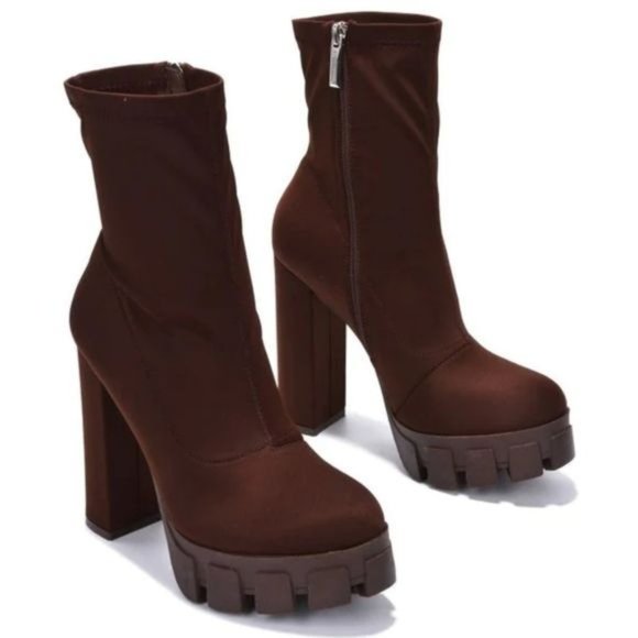 Women's Platform Ankle Chunky Heel Boots Brown Color - Picture 2 of 5